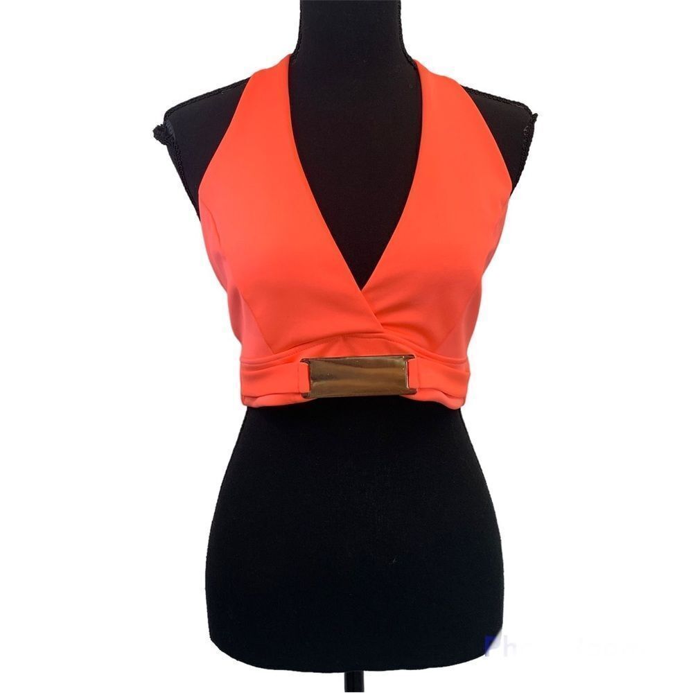 Bebe neon coral peach pink halter crop top open back Sz M NWOT